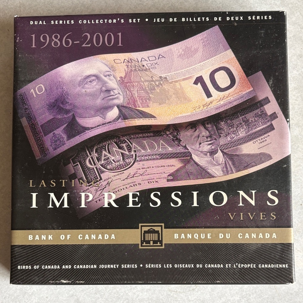 Canadian 1986 and 2001 $10 uncirculated notes set with same serial numbers
